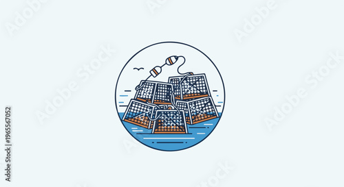 Nautical scene with stacked crab traps on a blue water surface