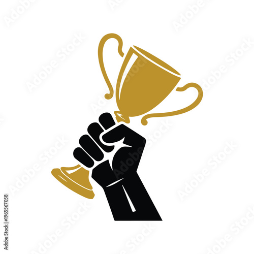A triumphant hand holds a golden trophy cup, symbolizing victory and achievement in a celebratory gesture.
