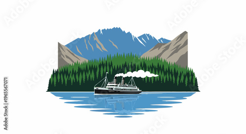 Scenic mountain landscape with a paddle steamer on calm water
