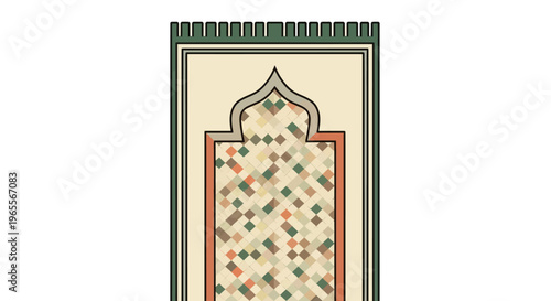 Traditional Islamic Prayer Mat with Arch Design and Colorful Mosaic Geometric Pattern Isolated on White Background