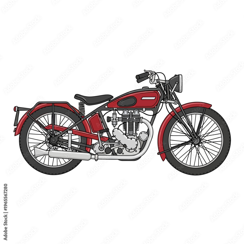 Fototapeta premium Vintage Red Motorcycle Illustration, Classic Retro Vehicle Side View