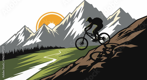 Mountain biker descending steep trail at sunrise