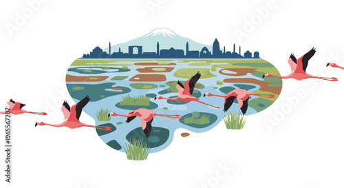 Flock of pink flamingos flies over a marsh with distant city skyline and mountain