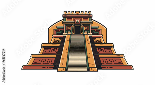 Stylized ancient stone pyramid with intricate geometric carvings and a grand staircase
