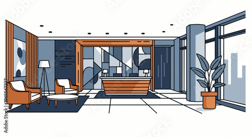 Modern reception area with geometric decor, seating, and a potted plant