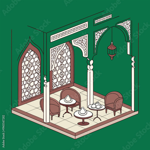 An elegant Arabic tea room with warm lanterns, patterned cushions, and rich aromas of mint tea, offering a cozy, cultural space for relaxation and conversation under soft light :)

