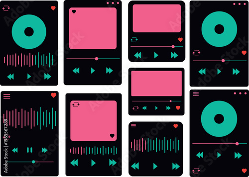 Neon DJ Music Player UI Kit – Dark Audio Interface Elements, Futuristic Vector Set