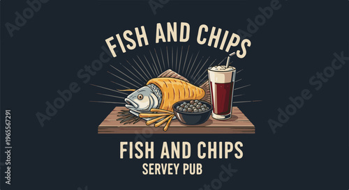 A stylized illustration of battered fish and chips with a drink