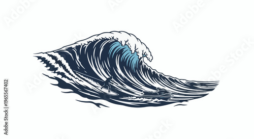 A surfer rides a wave next to a jet ski on a bright white background