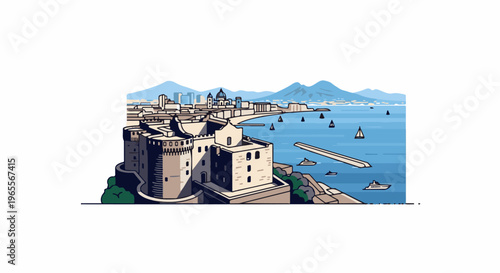 Pixel art panorama of a coastal city with a prominent castle and bay