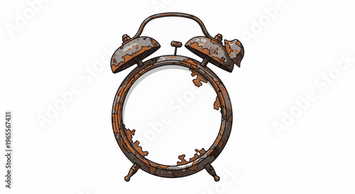 A vintage, rusty alarm clock with a broken face and weathered patina