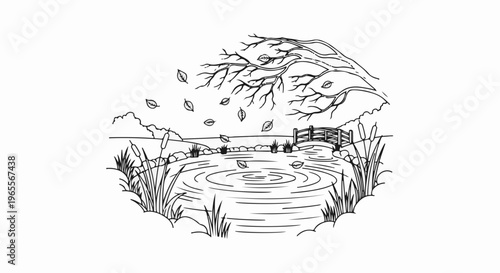A stylized drawing of a pond with falling leaves and a rustic bridge