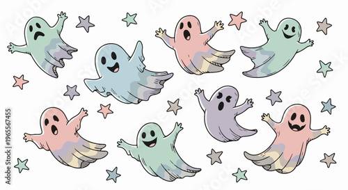 A whimsical collection of pastel-colored, friendly cartoon ghosts floating amongst stars
