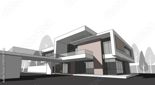 Modern House Architectural 3D Rendering with Minimalist Design and Geometric Shapes