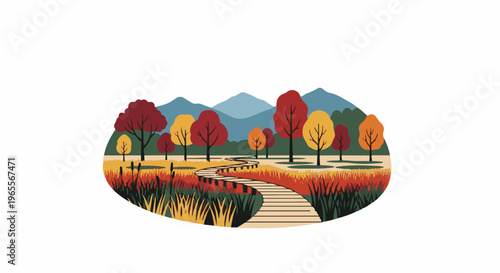 A winding wooden path meanders through an autumnal landscape with colorful trees