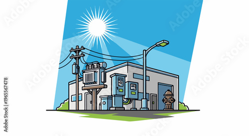 A sun shines on a building with electrical equipment and a fire hydrant