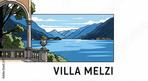 Italian lake villa terrace view with mountains and a distant town across blue water