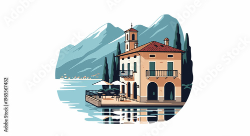 Italian villa by a lake with mountains and cypress trees