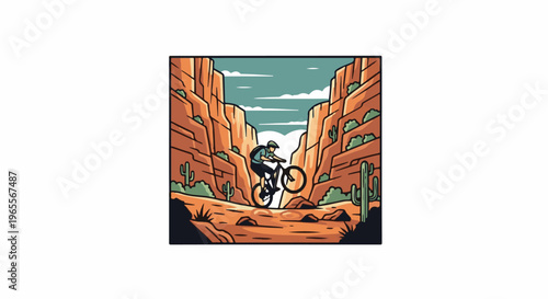 Person on bicycle rides through a canyon with cacti and clouds
