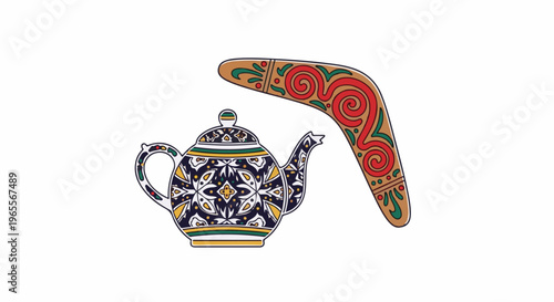 Ornate teapot and decorated boomerang displayed against white background