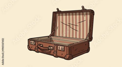 An open vintage brown suitcase with a striped interior on a light background
