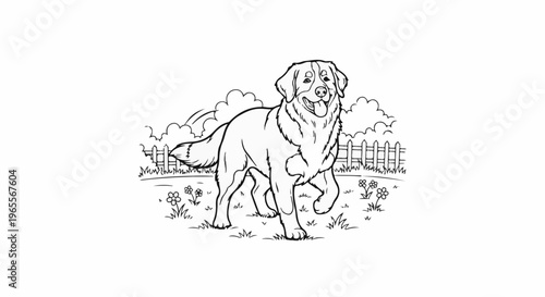 Happy dog with tongue out trots through a grassy yard with flowers