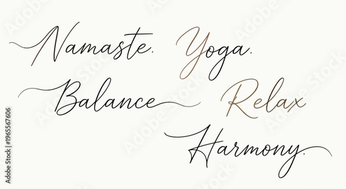 Elegant Cursive Calligraphy Wellness Words Set: Namaste, Yoga, Balance, Relax, and Harmony