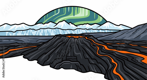 Active volcano erupting lava under the aurora borealis