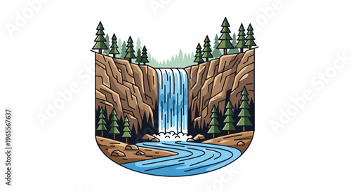 Serene waterfall cascades down rugged cliffs surrounded by pine trees