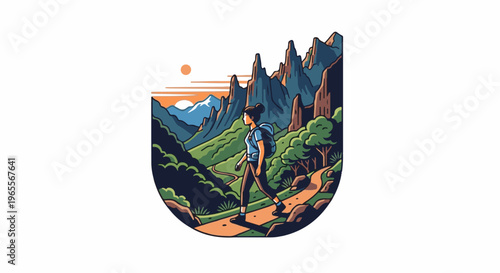 Person hiking a path through a scenic mountain landscape at sunset
