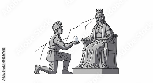 Miner kneels presenting rock to a seated queen, stone sculpture