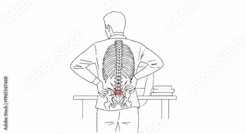 Person in office attire experiencing lower back pain, skeletal view highlighted