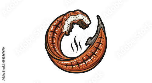 An illustrated image of a curled, grilled sausage with steam rising