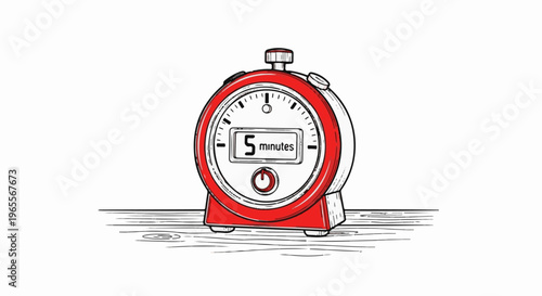Red stopwatch displaying "5 minutes" on a wooden surface