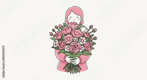 Person with pink hair and clothes holding a large bouquet of pink and white flowers