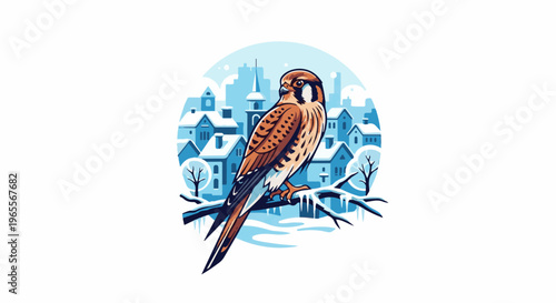 Bird perched on a snowy branch with a winter village background