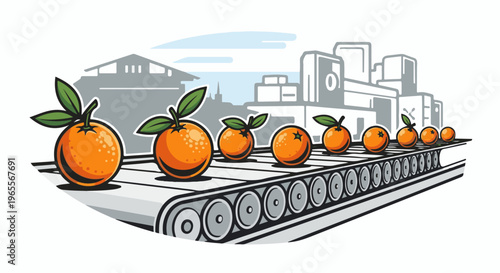 Oranges on a conveyor belt moving towards industrial buildings
