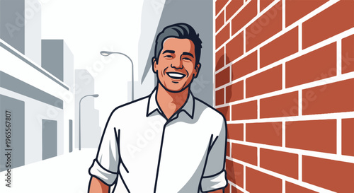 Cheerful man in a white shirt leans against a brick wall on a city street