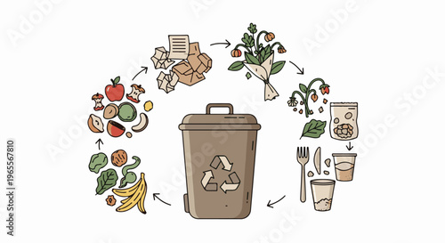 Illustrated cycle of waste decomposition around a recycling bin