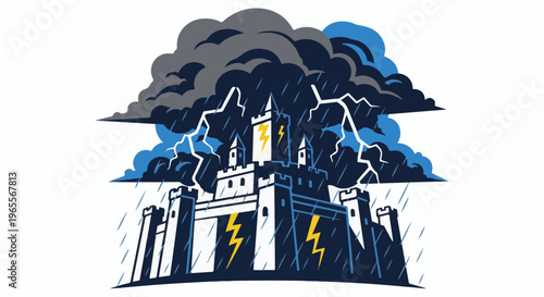 Castle under a stormy sky with lightning and rain
