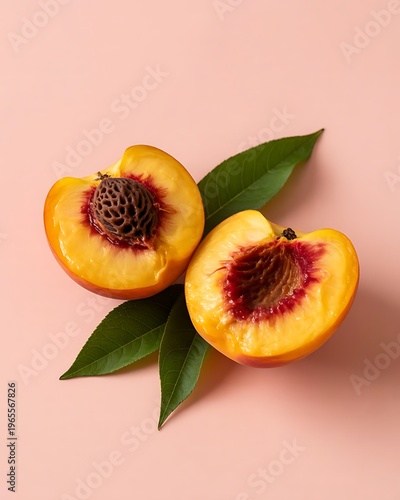 Fresh ripe organic peach with pit and leaves cut in half against bright peach pink background. Minimal fruit concept. Healthy juicy food trendy composition.