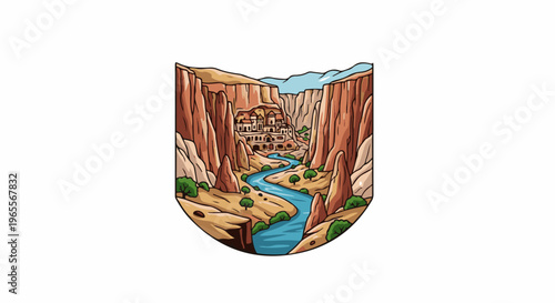 Cliffside village nestled in a canyon beside a winding river