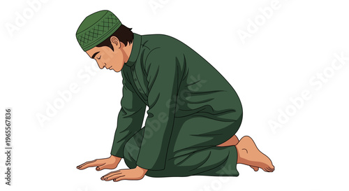Muslim Man in Green Thobe Performing Salat Prayer in Sujud Position, Islamic Devotion Illustration Isolated on White Background