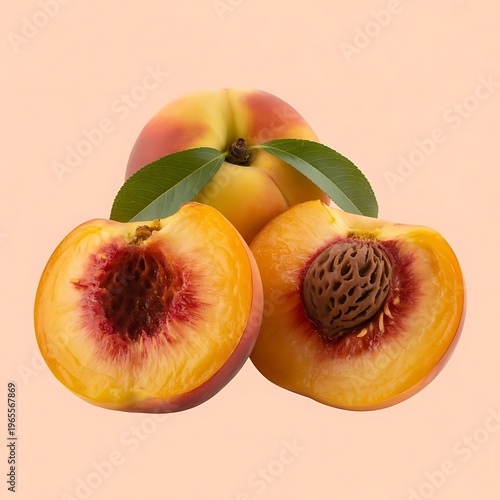 Fresh ripe organic peach with pit and leaves cut in half against bright peach pink background. Minimal fruit concept. Healthy juicy food trendy composition.