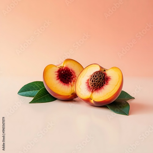 Fresh ripe organic peach with pit and leaves cut in half against bright peach pink background. Minimal fruit concept. Healthy juicy food trendy composition.