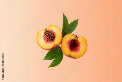 Fresh ripe organic peach with pit and leaves cut in half against bright peach pink background. Minimal fruit concept. Healthy juicy food trendy composition.