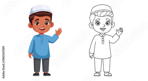 Cute Muslim Boy Waving Cartoon Character and Line Art Coloring Page for Kids