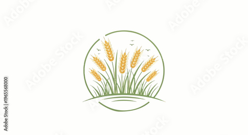 Rustic wheat field with birds flying in a green circular outline