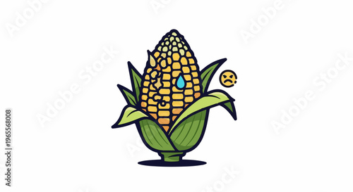 Sad, sweaty corn cob with a tear and a frowning face