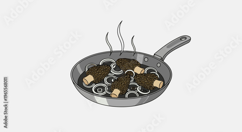 Frying pan with morel mushrooms and sliced onions, steam rising
